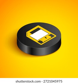 Documento de archivo XLS de línea isométrica. Descarga XLS icono de Botón aislado sobre fondo amarillo. Símbolo de archivo de Excel. Botón de círculo negro. Vector