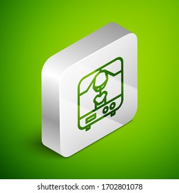 Isometric line X-ray machine icon isolated on green background. Silver square button. Vector Illustration