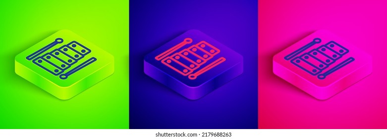 Isometric line Xylophone - musical instrument with thirteen wooden bars and two percussion mallets icon isolated on green, blue and pink background. Square button. Vector