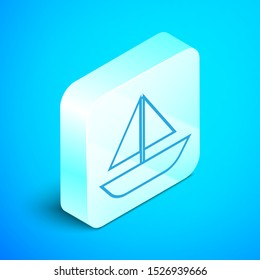 Isometric line Yacht sailboat or sailing ship icon isolated on blue background. Sail boat marine cruise travel. Silver square button. Vector Illustration