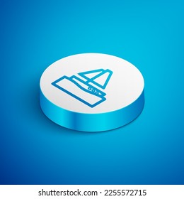 Isometric line Yacht sailboat or sailing ship icon isolated on blue background. Sail boat marine cruise travel. White circle button. Vector