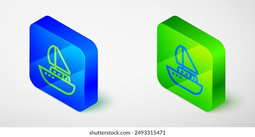 Isometric line Yacht sailboat or sailing ship icon isolated grey background. Sail boat marine cruise travel. Blue and green square button. Vector