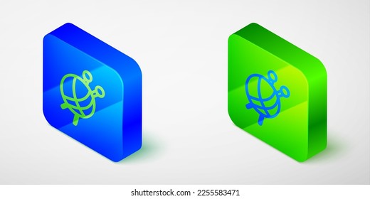 Isometric line Yarn ball with knitting needles icon isolated on grey background. Label for hand made, knitting or tailor shop. Blue and green square button. Vector