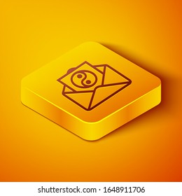 Isometric line Yin Yang and envelope icon isolated on orange background. Symbol of harmony and balance. Yellow square button. Vector Illustration