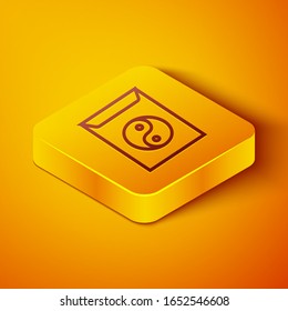 Isometric line Yin Yang and envelope icon isolated on orange background. Symbol of harmony and balance. Yellow square button. Vector Illustration