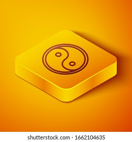Isometric line Yin Yang symbol of harmony and balance icon isolated on orange background. Yellow square button. Vector Illustration