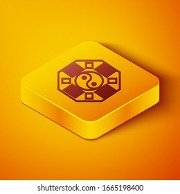Isometric line Yin Yang symbol of harmony and balance icon isolated on orange background. Yellow square button. Vector Illustration