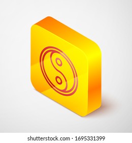 Isometric line Yin Yang symbol of harmony and balance icon isolated on grey background. Yellow square button. Vector Illustration