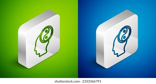 Isometric line Yin Yang symbol of harmony and balance icon isolated on green and blue background. Silver square button. Vector