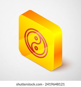 Isometric line Yin Yang symbol of harmony and balance icon isolated on grey background. Yellow square button. Vector
