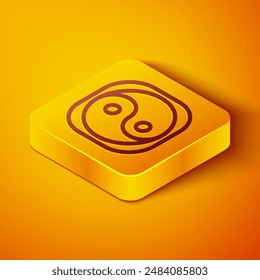 Isometric line Yin Yang symbol of harmony and balance icon isolated on orange background. Yellow square button. Vector Illustration