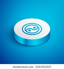 Línea isométrica Yin Yang símbolo de armonía e icono de equilibrio aislado sobre fondo azul. Botón de círculo blanco. Vector