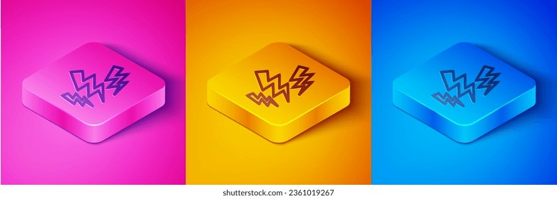 Isometric line Zeus icon isolated on pink and orange, blue background. Greek god. God of Lightning. Square button. Vector