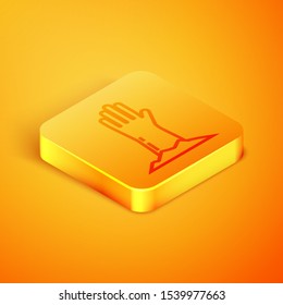Isometric line Zombie hand icon isolated on orange background. Arm monster dead. Happy Halloween party. Orange square button. Vector Illustration