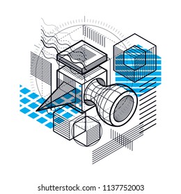 Isometric linear abstract vector background, lined abstraction. Cubes, hexagons, squares, rectangles and different abstract elements.