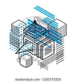 Isometric linear abstract vector background, lined abstraction. Cubes, hexagons, squares, rectangles and different abstract elements.