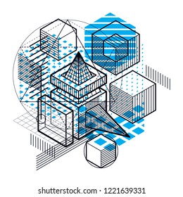 Isometric linear abstract vector background, lined abstraction. Cubes, hexagons, squares, rectangles and different abstract elements.