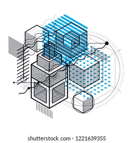Isometric linear abstract vector background, lined abstraction. Cubes, hexagons, squares, rectangles and different abstract elements.