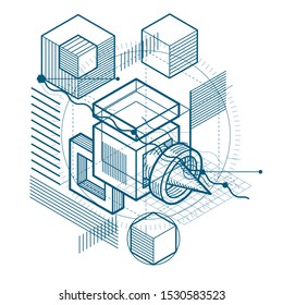 Isometric linear abstract vector background, lined abstraction. Cubes, hexagons, squares, rectangles and different abstract elements.
