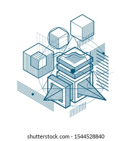 Isometric linear abstract vector background, lined abstraction. Cubes, hexagons, squares, rectangles and different abstract elements.