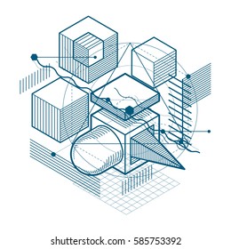 Isometric linear abstract vector background, lined abstraction. Cubes, hexagons, squares, rectangles and different abstract elements.