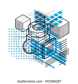 Isometric linear abstract vector background, lined abstraction. Cubes, hexagons, squares, rectangles and different abstract elements.
