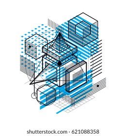 Isometric linear abstract vector background, lined abstraction. Cubes, hexagons, squares, rectangles and different abstract elements.