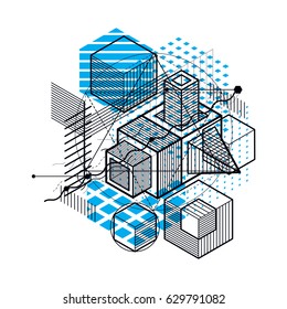 Isometric linear abstract vector background, lined abstraction. Cubes, hexagons, squares, rectangles and different abstract elements.