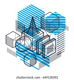 Isometric linear abstract vector background, lined abstraction. Cubes, hexagons, squares, rectangles and different abstract elements.