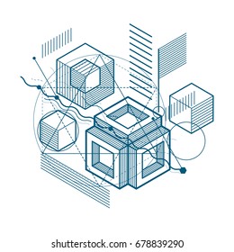 Isometric linear abstract vector background, lined abstraction. Cubes, hexagons, squares, rectangles and different abstract elements.
