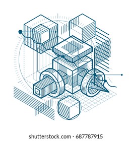Isometric linear abstract vector background, lined abstraction. Cubes, hexagons, squares, rectangles and different abstract elements.