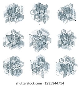 Isometric linear abstract vector backgrounds, lined abstractions. Cubes, hexagons, squares, rectangles and different abstract elements. Vector set.