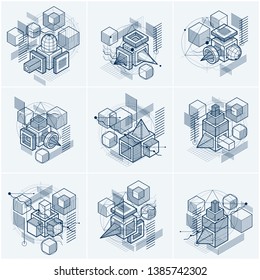 Isometric linear abstract vector backgrounds, lined abstractions. Cubes, hexagons, squares, rectangles and different abstract elements. Vector set.