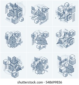 Isometric linear abstract vector backgrounds, lined abstractions. Cubes, hexagons, squares, rectangles and different abstract elements. Vector set.