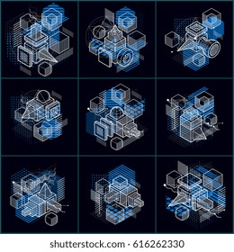 Isometric linear abstract vector backgrounds, lined abstractions. Cubes, hexagons, squares, rectangles and different abstract elements. Vector set.
