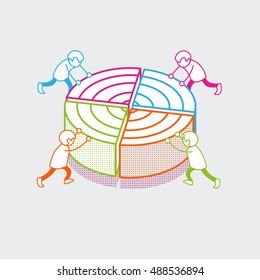 Isometric linear flat people pushing diagram segments forming pie graphic vector illustration. Data Analysis Business 3d isometry concept.