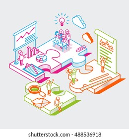 Isometrische lineare flache Menschen Team arbeitet, Puzzle Lösung Idee Forschung Vektorgrafik. Business Start up 3D-Isoometrie-Konzept.