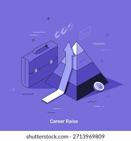 Isometric linear vector illustration. Business briefcase and ascending arrow climbing a pyramid, representing career raise, promotion, and professional development or financial growth concept.