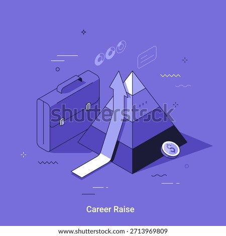 Isometric linear vector illustration. Business briefcase and ascending arrow climbing a pyramid, representing career raise, promotion, and professional development or financial growth concept.