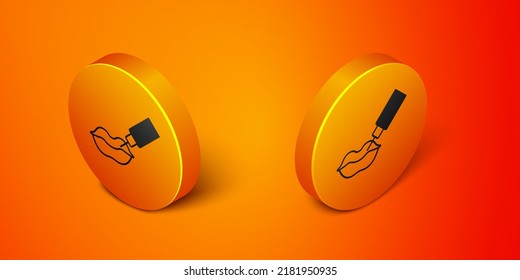 Isometric Lip augmentation icon isolated on orange background. Hyaluronic acid lips injection. Contour plastic. Orange circle button. Vector