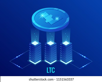 Isometric Litecoin LTC Cryptocurrency mining farm. Blockchain technology, cryptocurrency and a digital payment network for financial transactions. Abstract blue background.