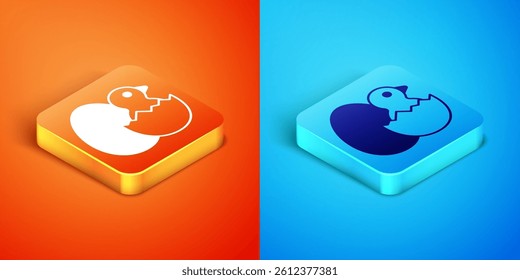 Isometric Little chick in cracked egg icon isolated on orange and blue background.  Vector
