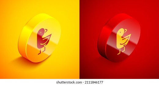 Isometric Little chick icon isolated on orange and red background. Circle button. Vector