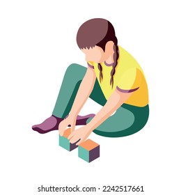 Isometric little girl playing with children blocks 3d vector illustration