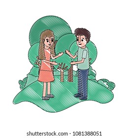 isometric little kids couple in field landscape character