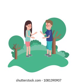 isometric little kids couple in field landscape character