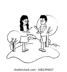 isometric little kids couple in field landscape character