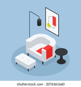 Isometric living rest lounge room interior design vector illustration. Modern apartment with white, black and red decor. Domestic furnishing with armchair, coffee table, floor lamp and art picture