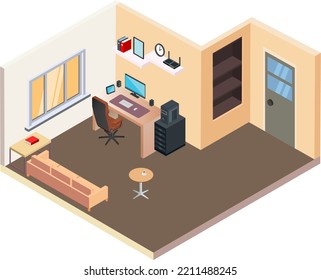 Isometric Living Room Concept, Raming Room Interior, Study Room.