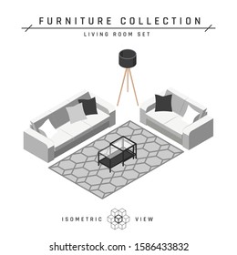 Isometric living room concept. Sofas and coffee table. Set of icons in different positions. White geometric furniture in Scandinavian style. Flat vector illustration isolated on a white background.